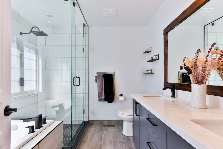 Fresh bathroom with clean tile and glass